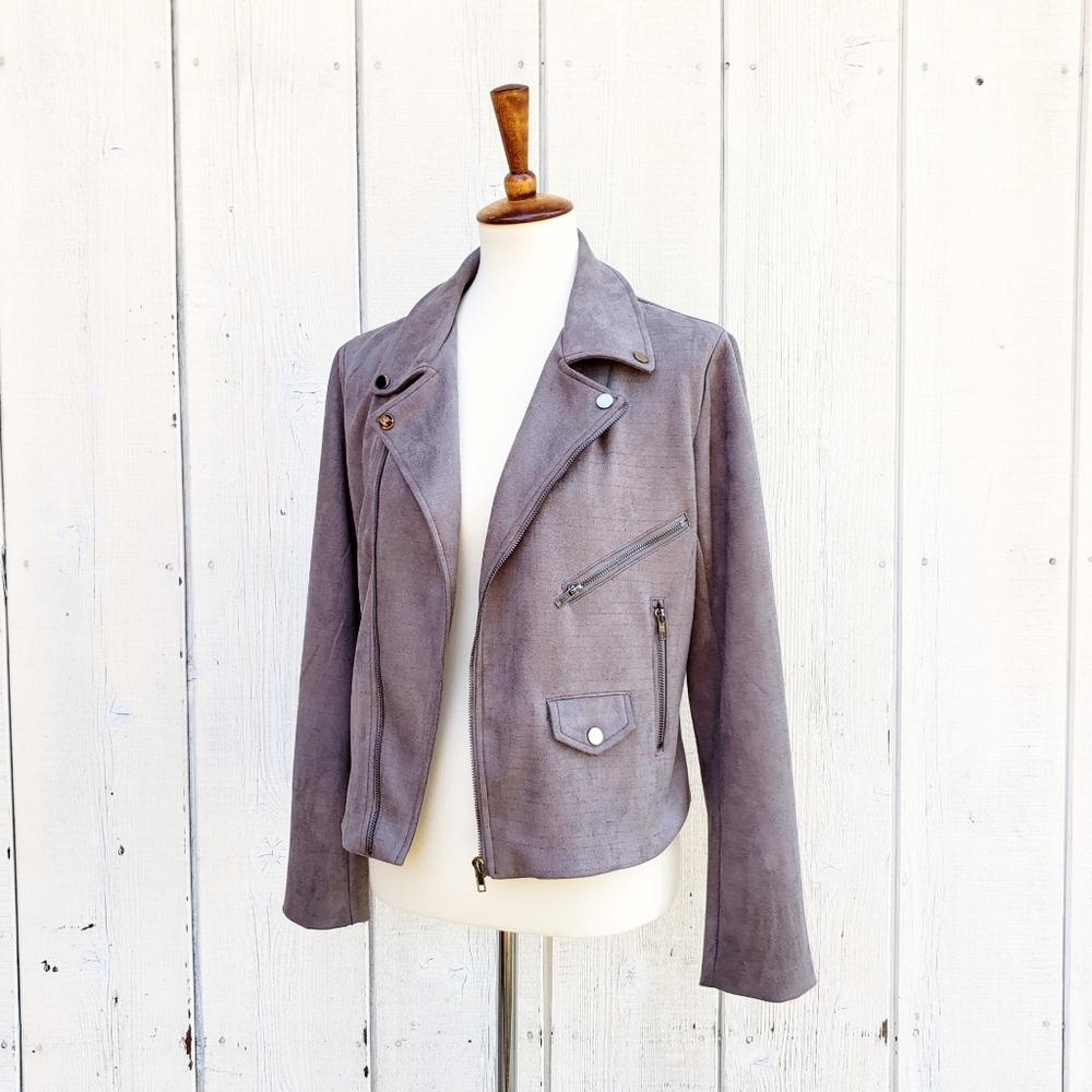 NWT Solitaire by Ravi Khosla Grey Faux Suede Moto Motorcycle Jacket Size M